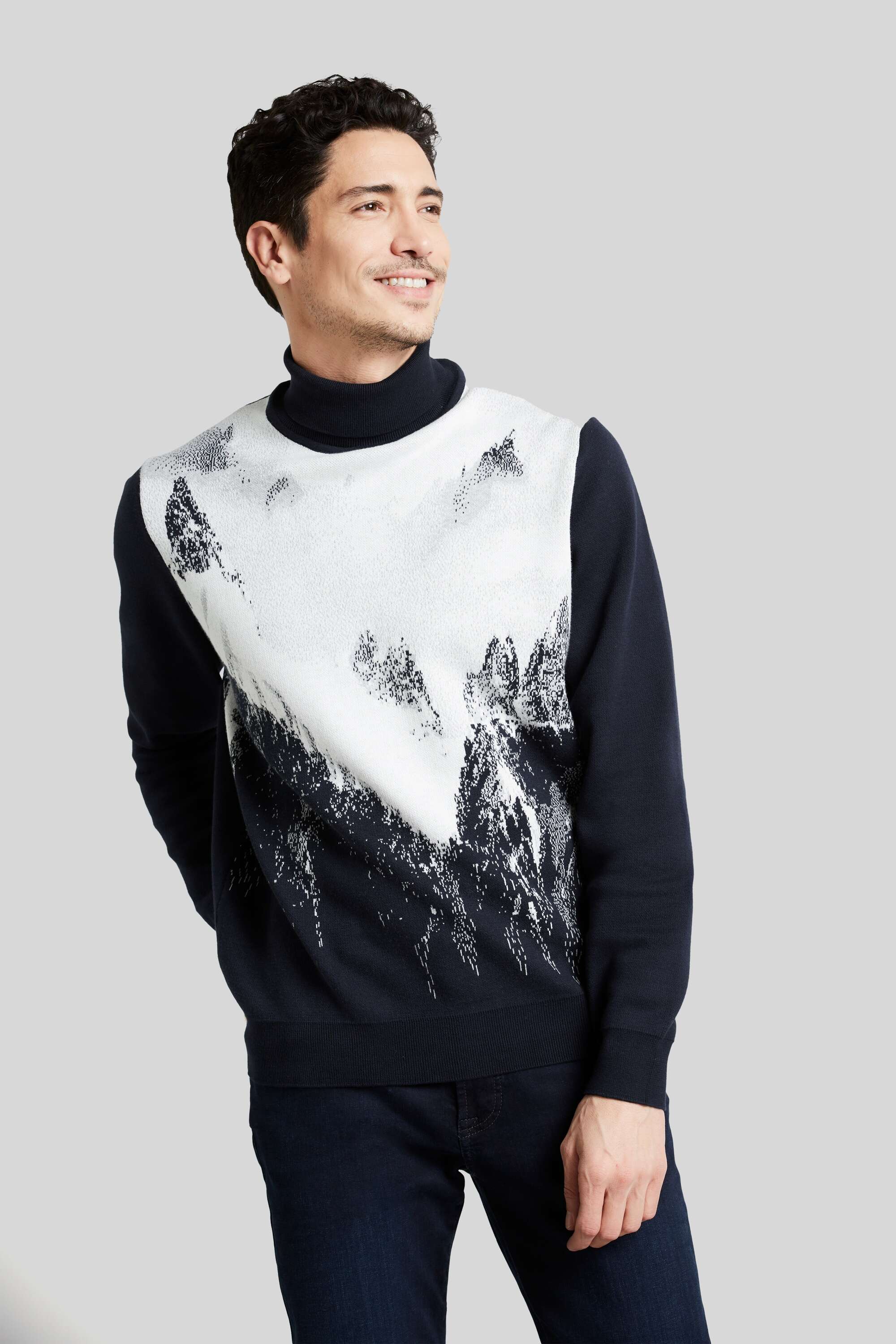 Rollkragenpullover mit winterlichem Bergmotiv in marine