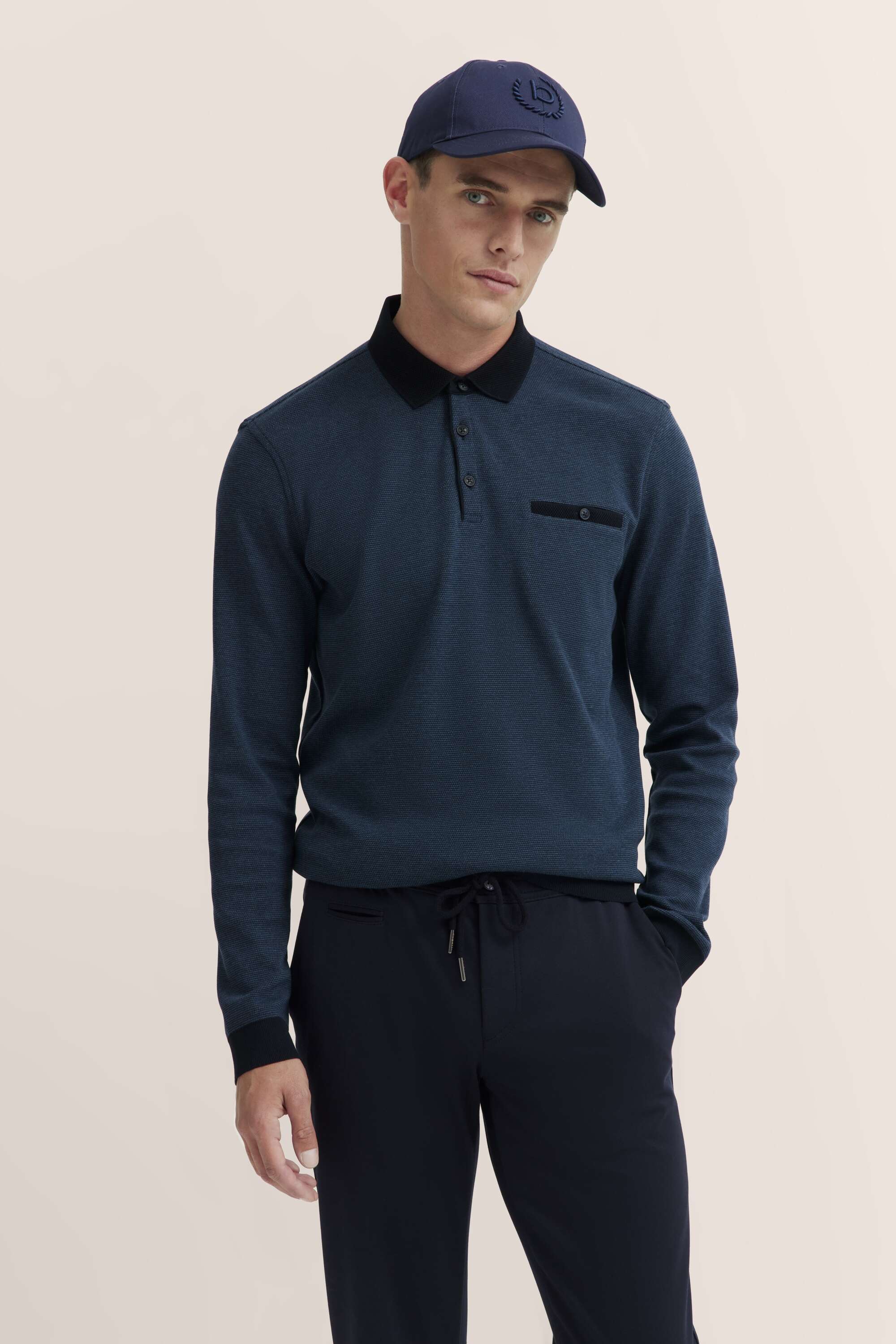 Langarm-Poloshirt mit Strukturkragen in marine