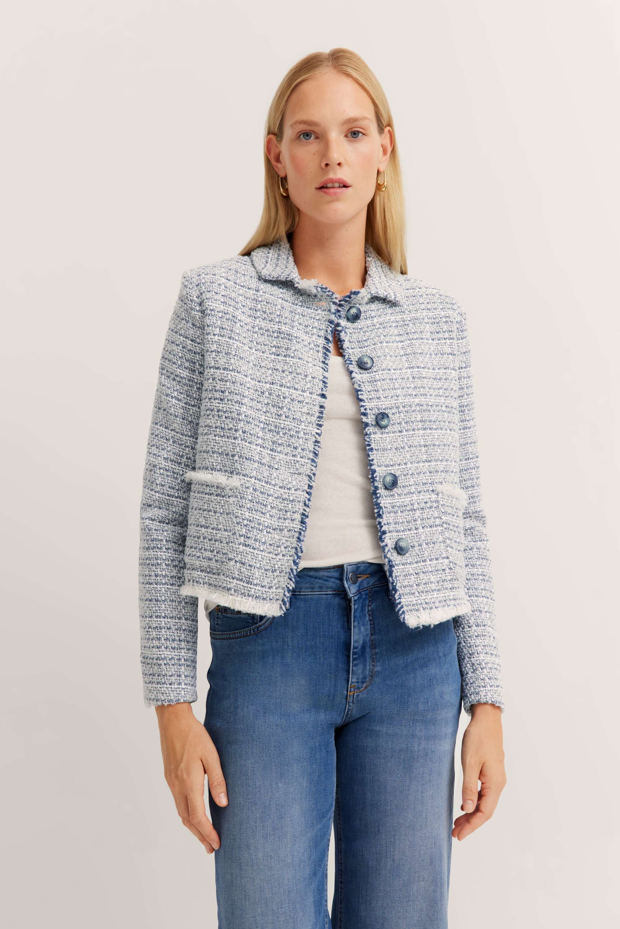 Bouclé Jacke mit Knopfleiste in blaugrau