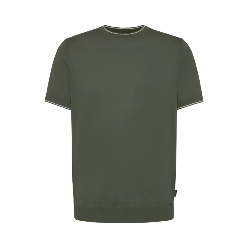 T-shirt with contrasting stripes in moss green - View: Bust front